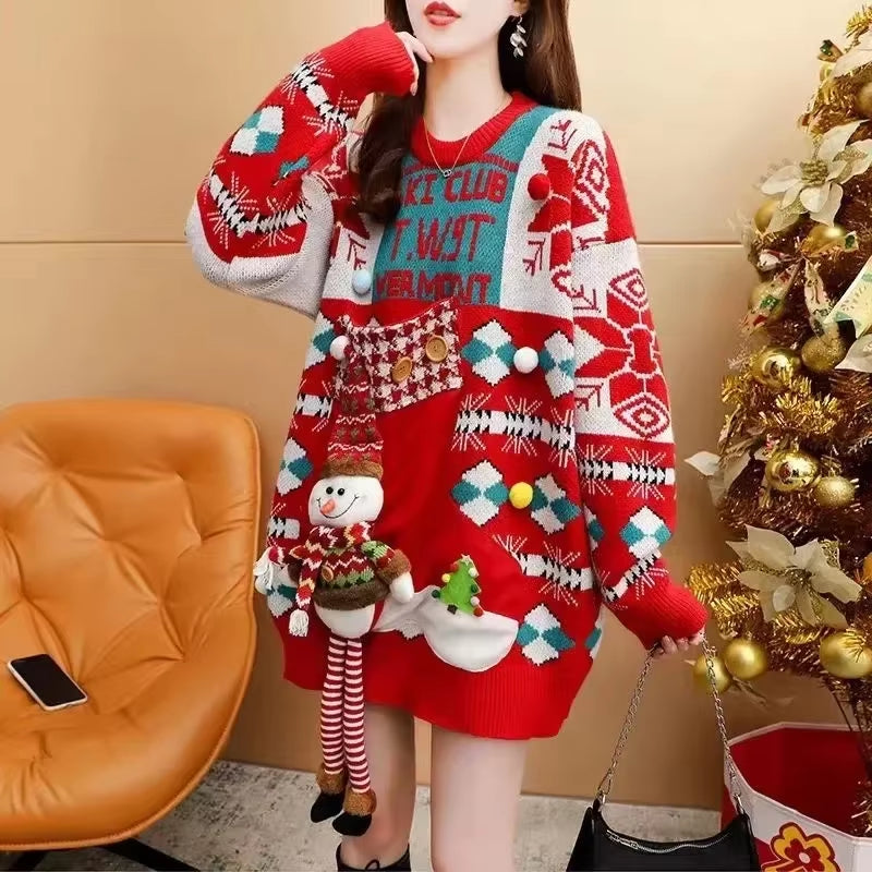 "Charming Korean Christmas Sweater – Cozy Doll Decoration, Casual Loose Knit Pullover!"