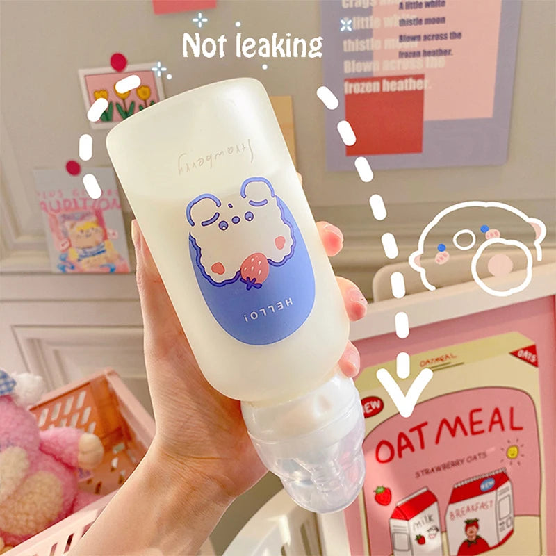 Hot 320ml Kawaii Strawberry Bear Glass Water Bottle For Girls Kids Adult Milk Juice Straw Cup Frosted Leakproof Drinking Bottles