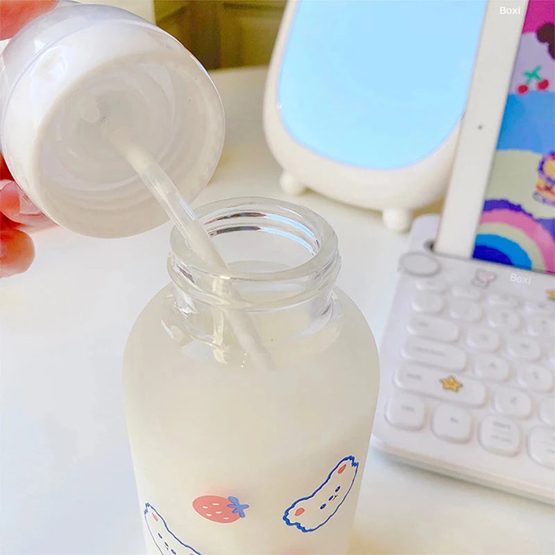 Hot 320ml Kawaii Strawberry Bear Glass Water Bottle For Girls Kids Adult Milk Juice Straw Cup Frosted Leakproof Drinking Bottles