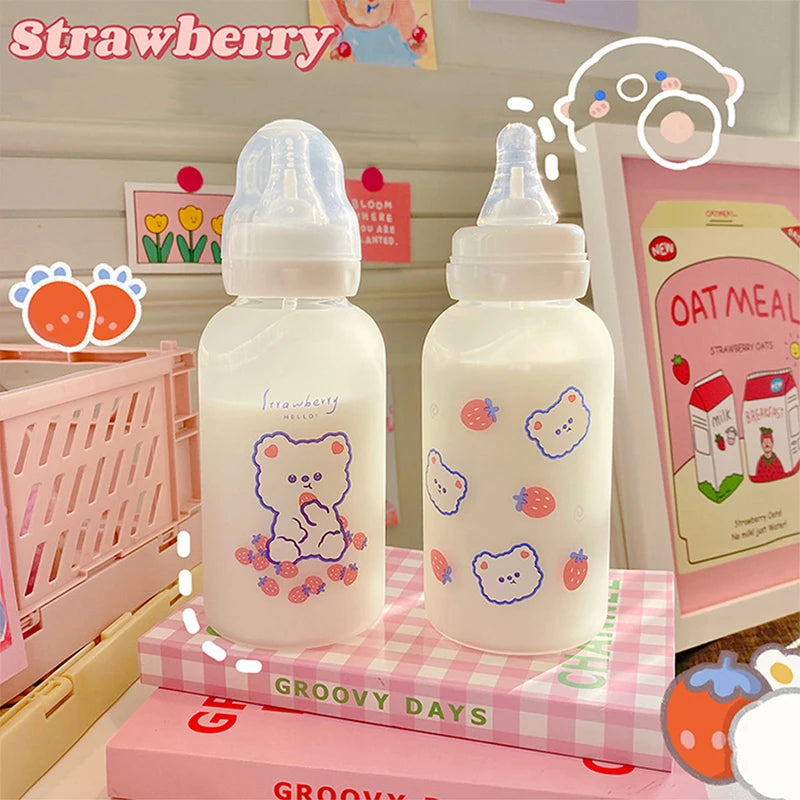 Hot 320ml Kawaii Strawberry Bear Glass Water Bottle For Girls Kids Adult Milk Juice Straw Cup Frosted Leakproof Drinking Bottles