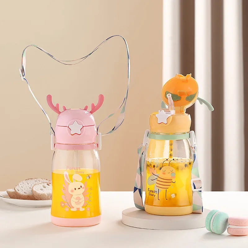 580ml Water Bottle Kids Drinking Cup Deer Antler Creative Cartoon Feeding Cup with Straw Leak Proof Water Bottle Outdoor