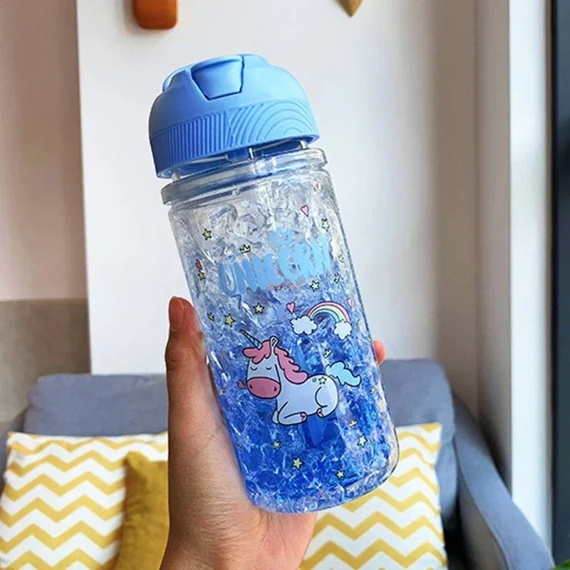 Stylish Double Straw Unicorn Ice Cup Summer Cold Drink Juice Coffee Water Cup Boy's Girl's Portable Plastic Cups Novelty Gift