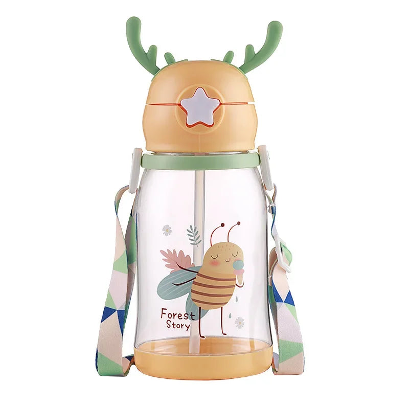 580ml Water Bottle Kids Drinking Cup Deer Antler Creative Cartoon Feeding Cup with Straw Leak Proof Water Bottle Outdoor