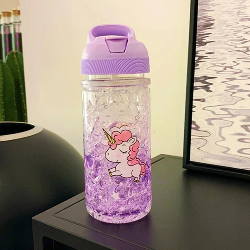 Stylish Double Straw Unicorn Ice Cup Summer Cold Drink Juice Coffee Water Cup Boy's Girl's Portable Plastic Cups Novelty Gift