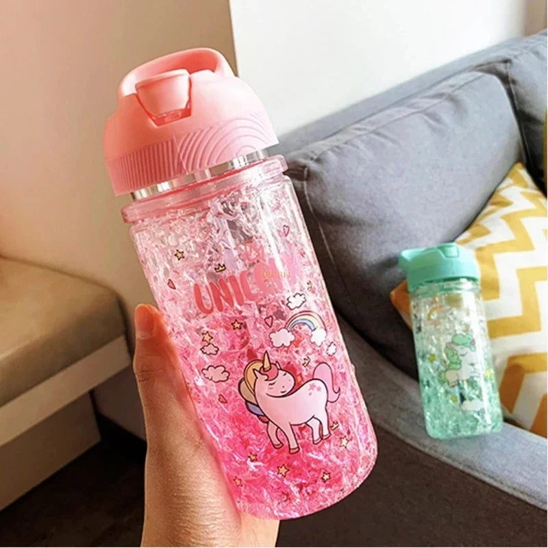 Stylish Double Straw Unicorn Ice Cup Summer Cold Drink Juice Coffee Water Cup Boy's Girl's Portable Plastic Cups Novelty Gift