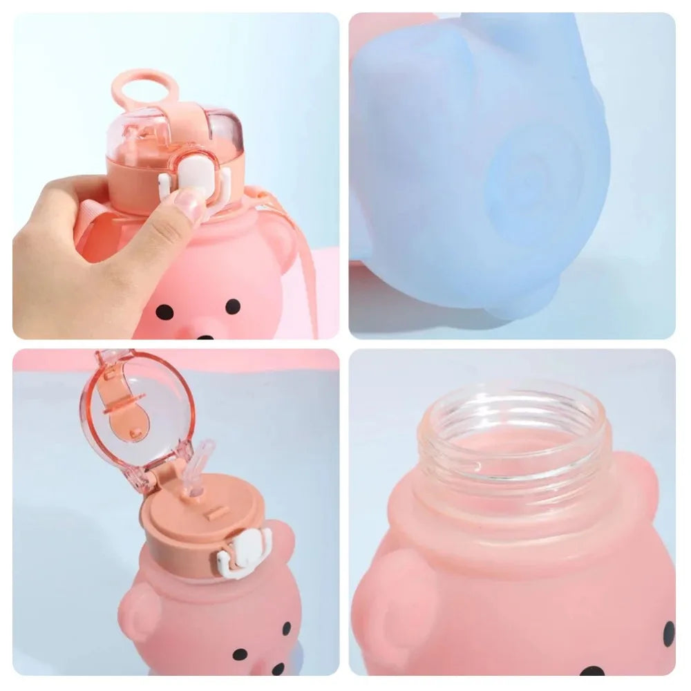 800ml Large Capacity Water Bottle Portable Backpack Kettle Water Bottle Mug with Straw Kids Cup Cartoon Bear Plastic Sippy Cup