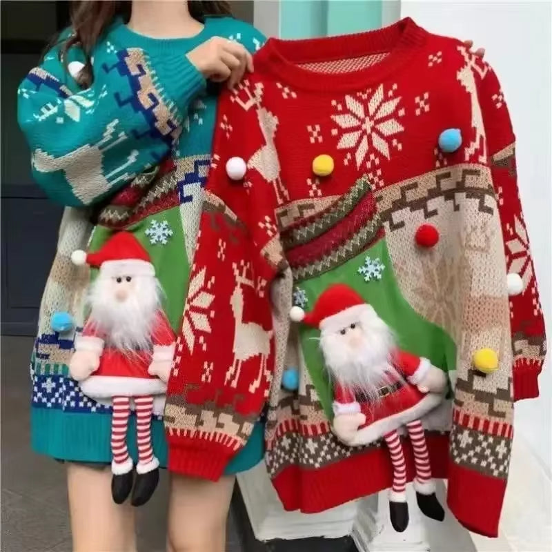 "Charming Korean Christmas Sweater – Cozy Doll Decoration, Casual Loose Knit Pullover!"