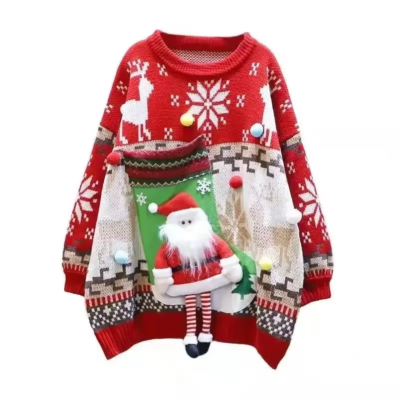 "Charming Korean Christmas Sweater – Cozy Doll Decoration, Casual Loose Knit Pullover!"