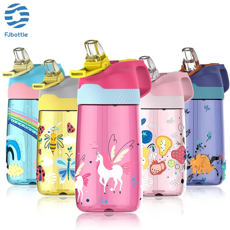 Bouteille d'eau pour enfants FJbottle avec paille 450 ml Bouteille à boire écologique Tritan One Touch Flip Cap BPA