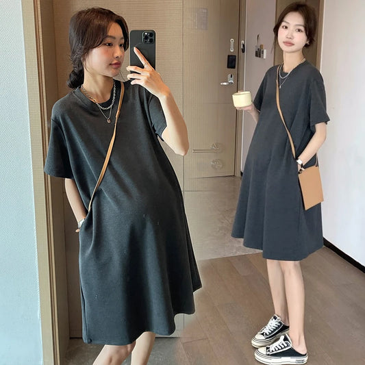 Vêtements de maternité de grande taille de style coréen pour femmes enceintes, couleur unie, manches courtes, ample, décontractée, col rond, chemises extensibles, mini robe